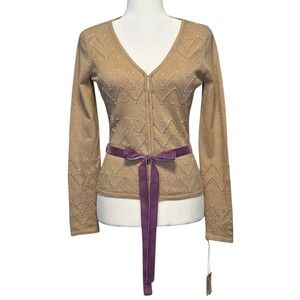 Intuitions‎ Womens Cardigan Tan  Beaded Y2K Feminine Dainty Coquette XS Sweater